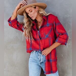 LA MIEL Vibrant Red and Blue Plaid Shirt